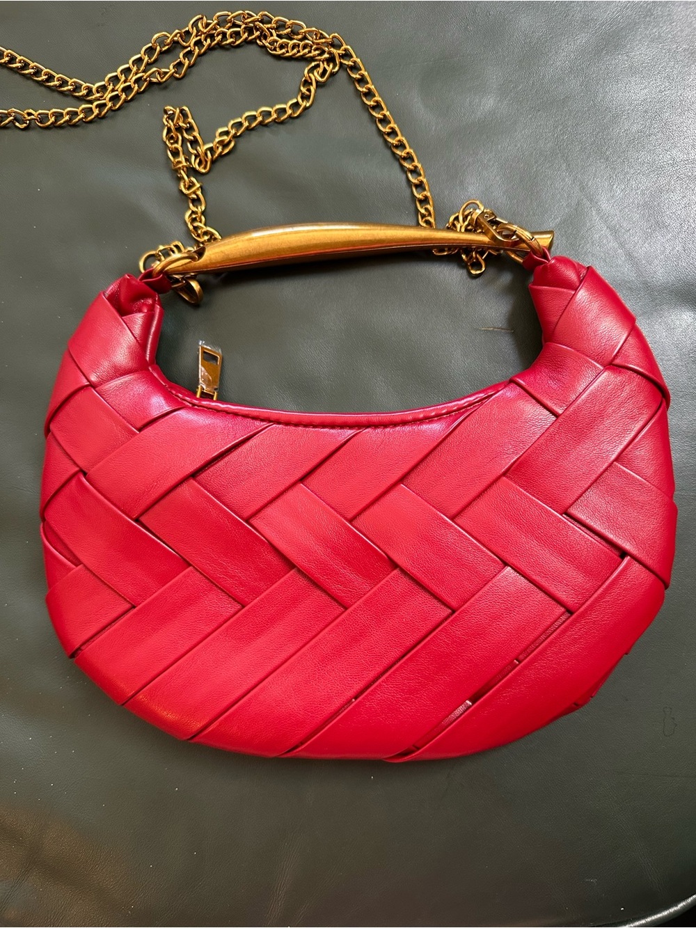 Woven Crescent Shoulder Bag in Red with Gold Chain